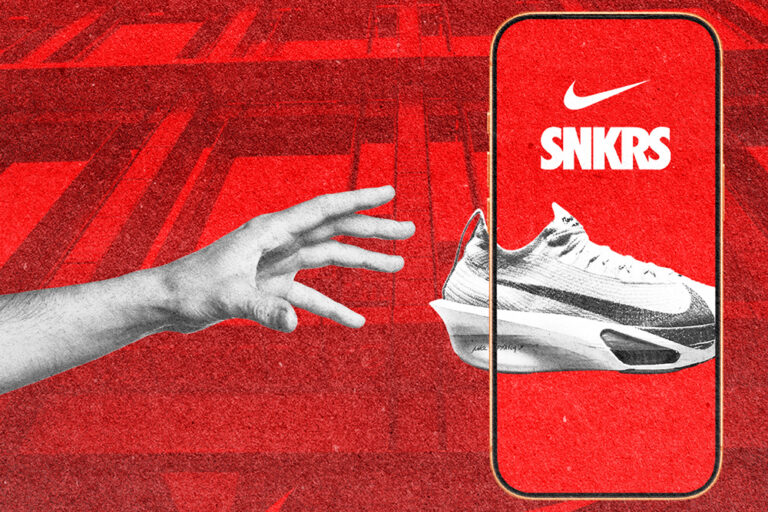 An arm reaching out to grab a white shoe inside of a red smartphone app